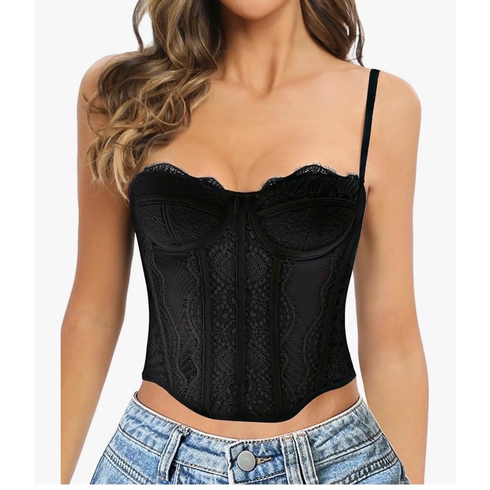 RAXNODE Black Lace Corset Top Hook Eye Front Mesh Bustier Adjustable Straps‎ NWT